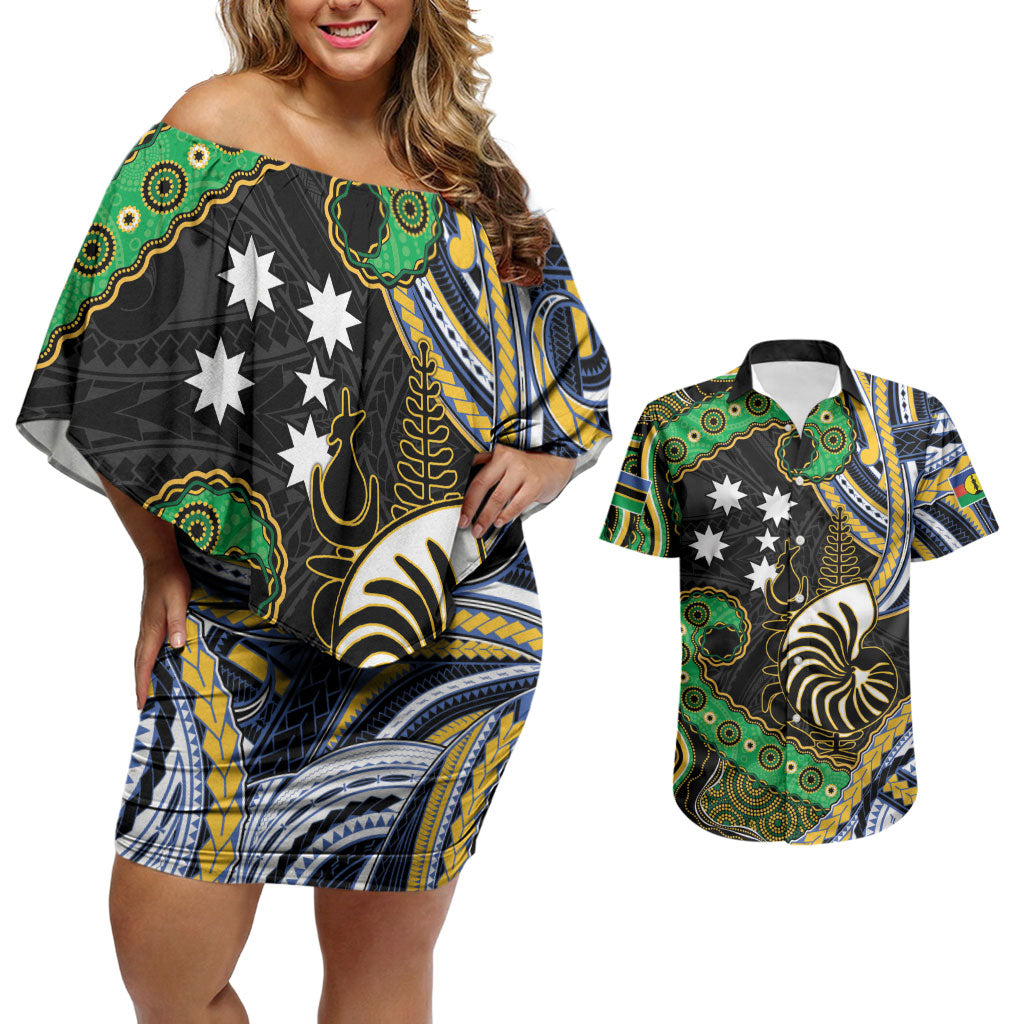 South Sea Islanders And New Caledonia Couples Matching Off Shoulder Short Dress and Hawaiian Shirt Nautilus Shell Southern Cross Tribal Pattern