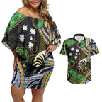 South Sea Islanders And New Caledonia Couples Matching Off Shoulder Short Dress and Hawaiian Shirt Nautilus Shell Southern Cross Tribal Pattern