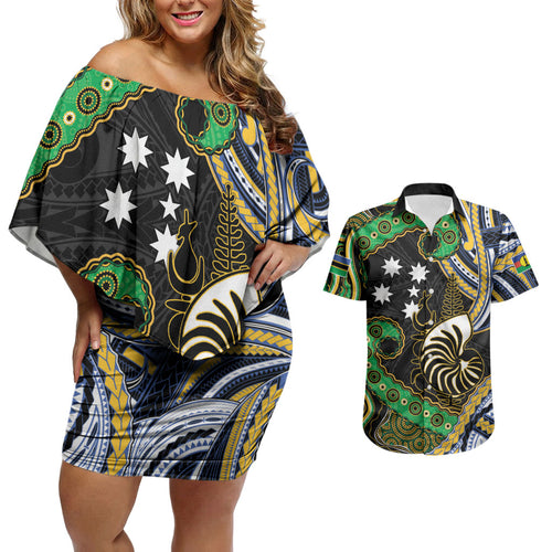 South Sea Islanders And New Caledonia Couples Matching Off Shoulder Short Dress and Hawaiian Shirt Nautilus Shell Southern Cross Tribal Pattern