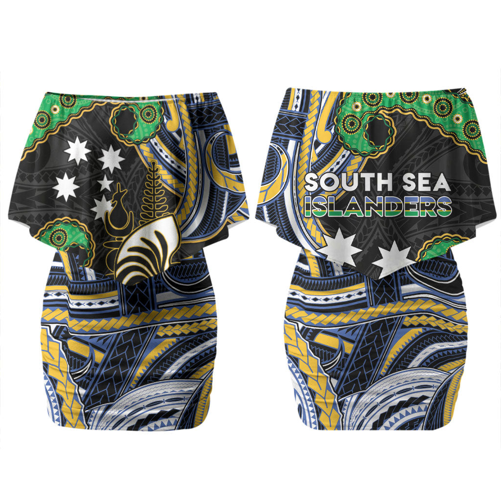 South Sea Islanders And New Caledonia Couples Matching Off Shoulder Short Dress and Hawaiian Shirt Nautilus Shell Southern Cross Tribal Pattern