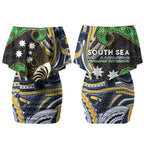 South Sea Islanders And New Caledonia Couples Matching Off Shoulder Short Dress and Hawaiian Shirt Nautilus Shell Southern Cross Tribal Pattern