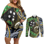 South Sea Islanders And New Caledonia Couples Matching Off Shoulder Short Dress and Long Sleeve Button Shirt Nautilus Shell Southern Cross Tribal Pattern