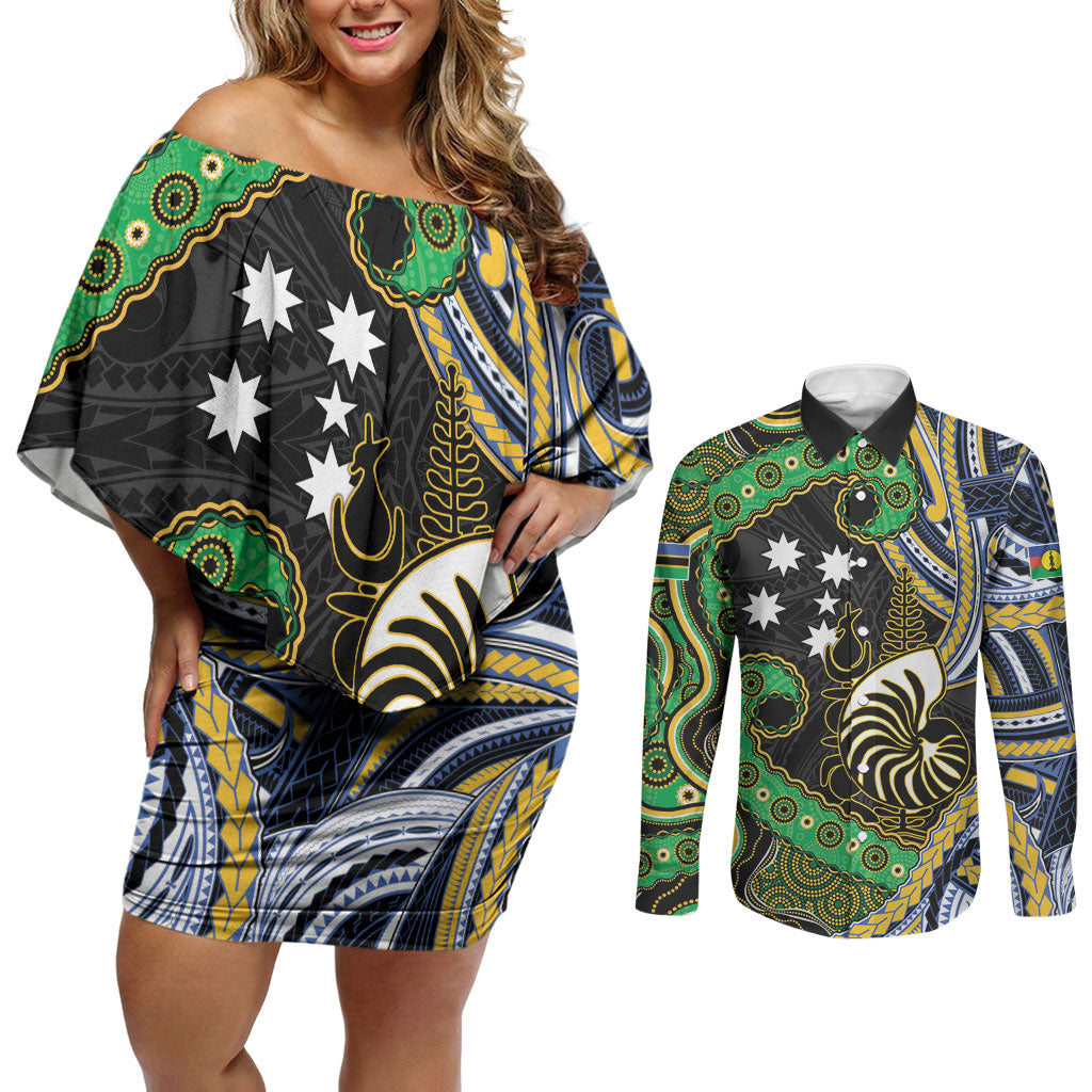 South Sea Islanders And New Caledonia Couples Matching Off Shoulder Short Dress and Long Sleeve Button Shirt Nautilus Shell Southern Cross Tribal Pattern