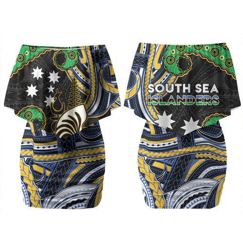 South Sea Islanders And New Caledonia Couples Matching Off Shoulder Short Dress and Long Sleeve Button Shirt Nautilus Shell Southern Cross Tribal Pattern