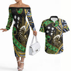 South Sea Islanders And New Caledonia Couples Matching Off The Shoulder Long Sleeve Dress and Hawaiian Shirt Nautilus Shell Southern Cross Tribal Pattern