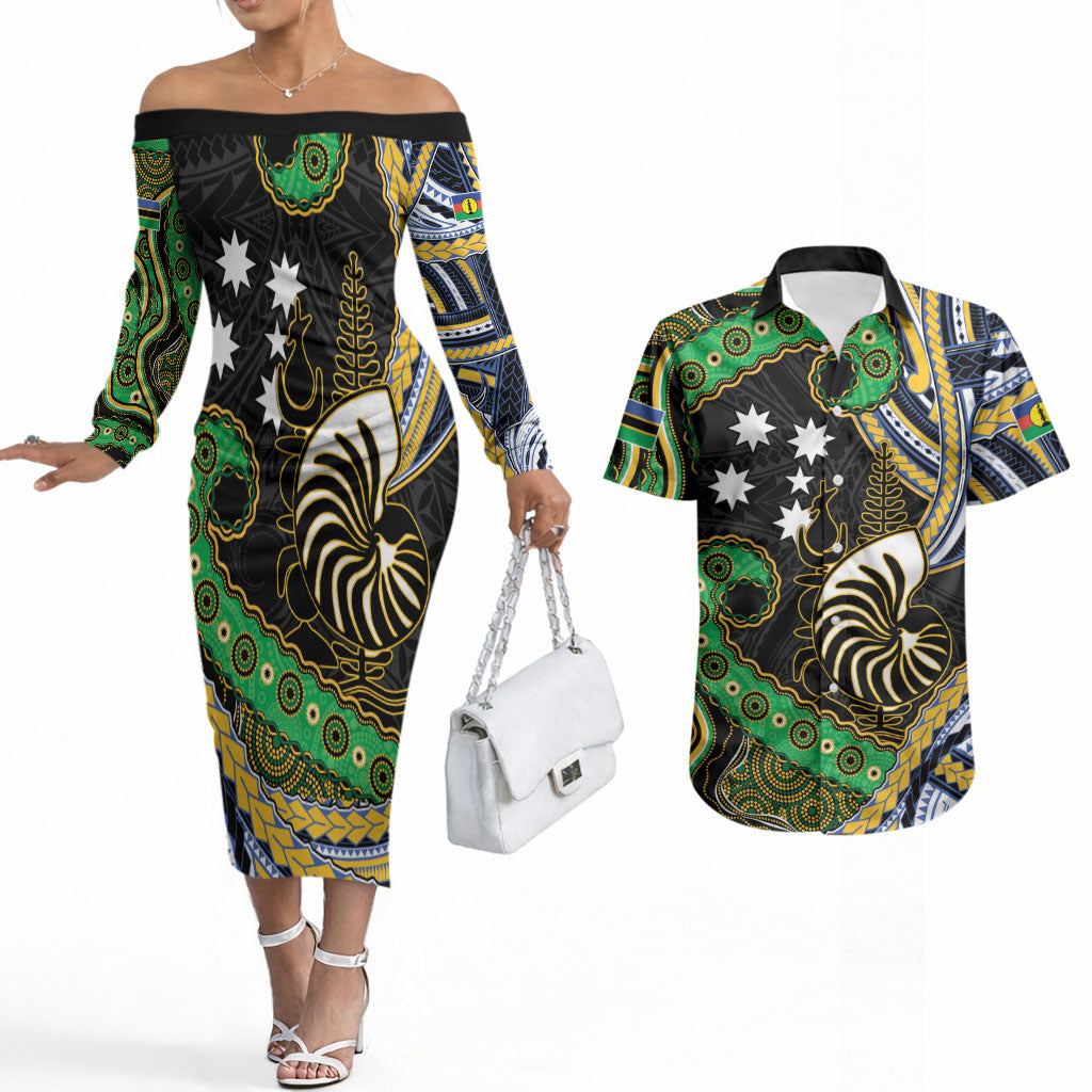 South Sea Islanders And New Caledonia Couples Matching Off The Shoulder Long Sleeve Dress and Hawaiian Shirt Nautilus Shell Southern Cross Tribal Pattern