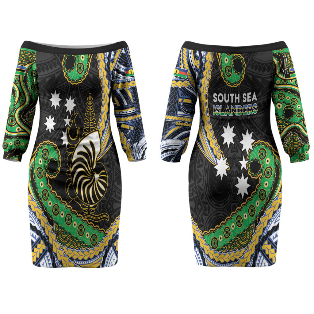 South Sea Islanders And New Caledonia Couples Matching Off The Shoulder Long Sleeve Dress and Hawaiian Shirt Nautilus Shell Southern Cross Tribal Pattern