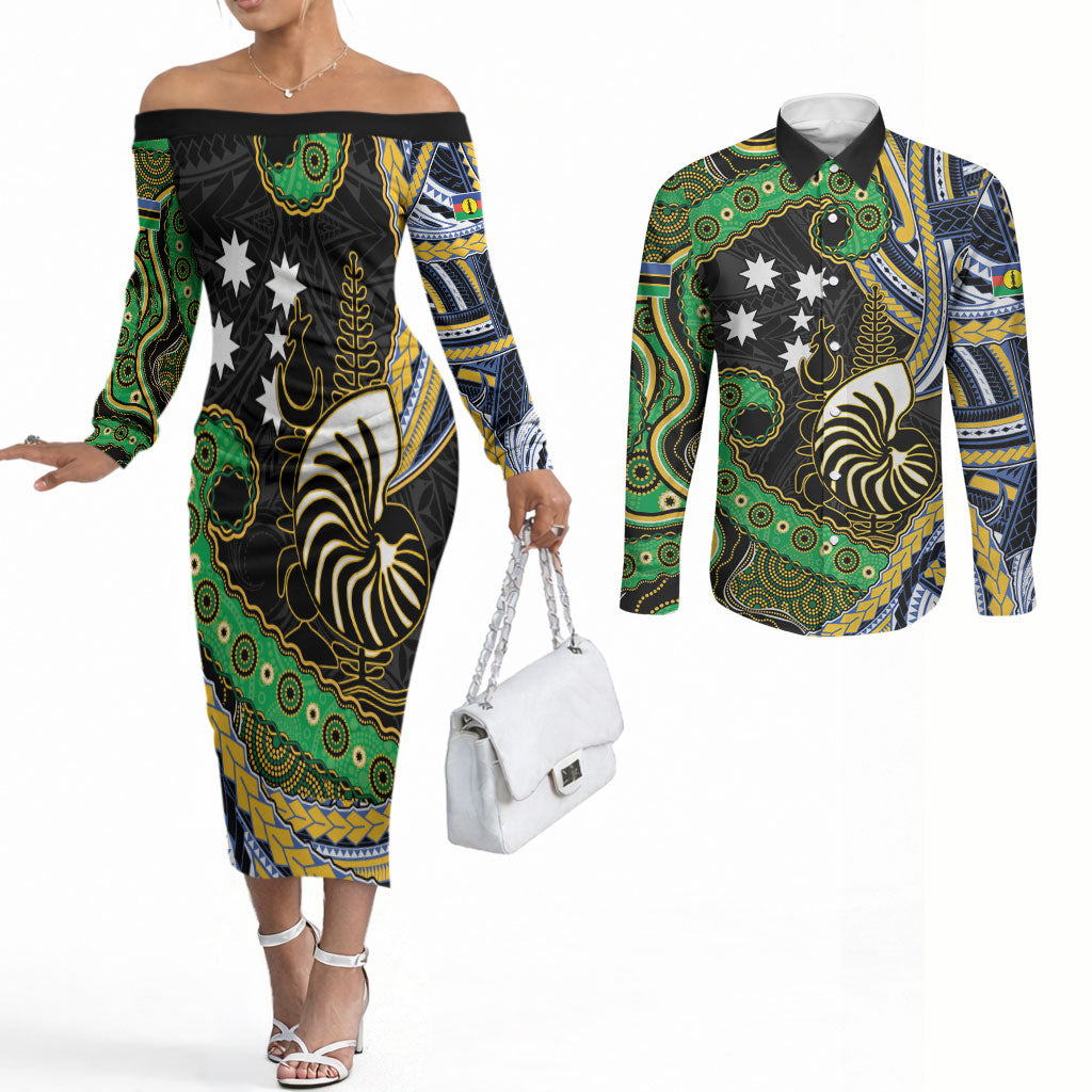South Sea Islanders And New Caledonia Couples Matching Off The Shoulder Long Sleeve Dress and Long Sleeve Button Shirt Nautilus Shell Southern Cross Tribal Pattern