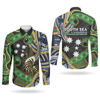 South Sea Islanders And New Caledonia Couples Matching Off The Shoulder Long Sleeve Dress and Long Sleeve Button Shirt Nautilus Shell Southern Cross Tribal Pattern