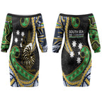 South Sea Islanders And New Caledonia Couples Matching Off The Shoulder Long Sleeve Dress and Long Sleeve Button Shirt Nautilus Shell Southern Cross Tribal Pattern