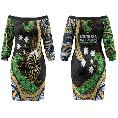 South Sea Islanders And New Caledonia Couples Matching Off The Shoulder Long Sleeve Dress and Long Sleeve Button Shirt Nautilus Shell Southern Cross Tribal Pattern