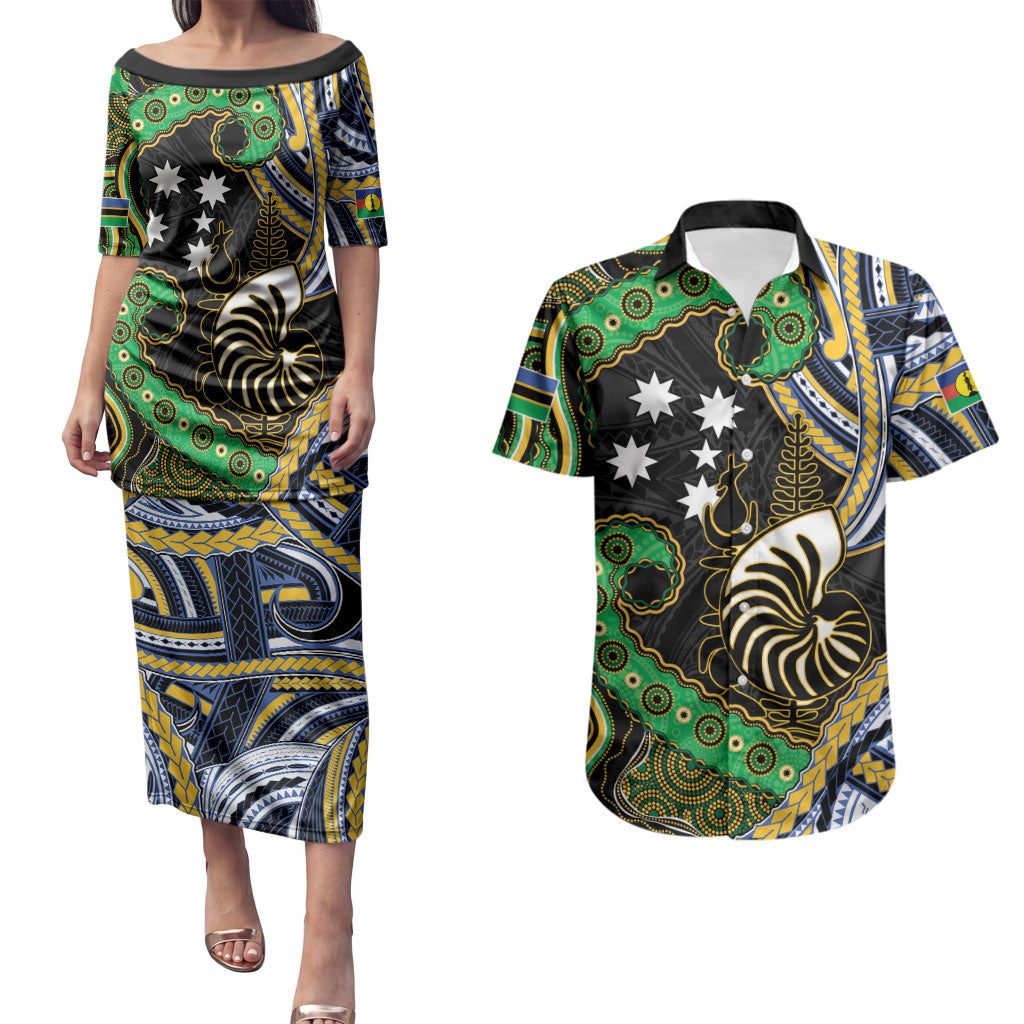 South Sea Islanders And New Caledonia Couples Matching Puletasi and Hawaiian Shirt Nautilus Shell Southern Cross Tribal Pattern