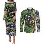South Sea Islanders And New Caledonia Couples Matching Puletasi and Long Sleeve Button Shirt Nautilus Shell Southern Cross Tribal Pattern