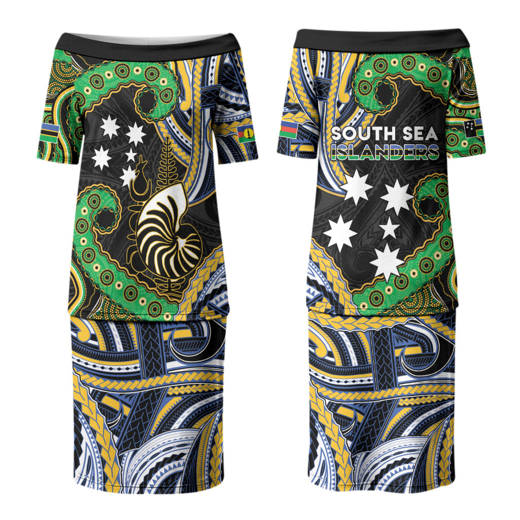 South Sea Islanders And New Caledonia Couples Matching Puletasi and Long Sleeve Button Shirt Nautilus Shell Southern Cross Tribal Pattern