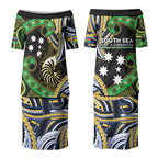 South Sea Islanders And New Caledonia Couples Matching Puletasi and Long Sleeve Button Shirt Nautilus Shell Southern Cross Tribal Pattern