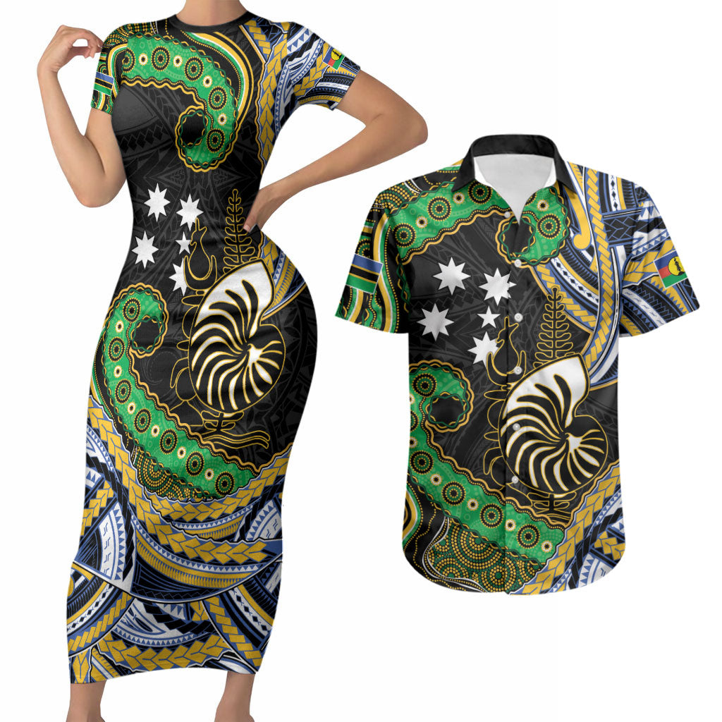 South Sea Islanders And New Caledonia Couples Matching Short Sleeve Bodycon Dress and Hawaiian Shirt Nautilus Shell Southern Cross Tribal Pattern