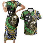 South Sea Islanders And New Caledonia Couples Matching Short Sleeve Bodycon Dress and Hawaiian Shirt Nautilus Shell Southern Cross Tribal Pattern