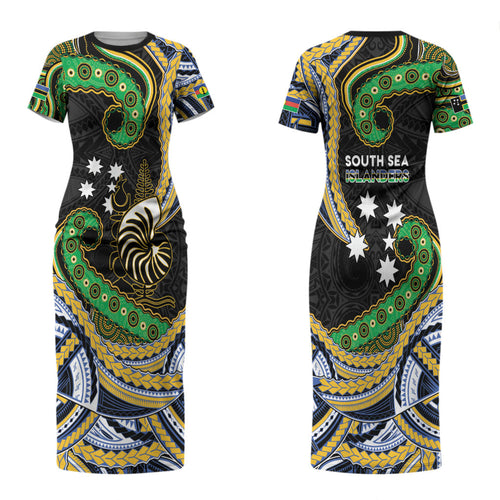 South Sea Islanders And New Caledonia Couples Matching Short Sleeve Bodycon Dress and Hawaiian Shirt Nautilus Shell Southern Cross Tribal Pattern