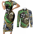 South Sea Islanders And New Caledonia Couples Matching Short Sleeve Bodycon Dress and Long Sleeve Button Shirt Nautilus Shell Southern Cross Tribal Pattern