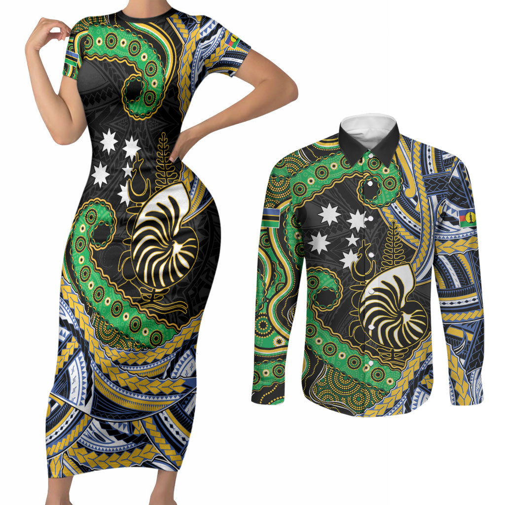 South Sea Islanders And New Caledonia Couples Matching Short Sleeve Bodycon Dress and Long Sleeve Button Shirt Nautilus Shell Southern Cross Tribal Pattern