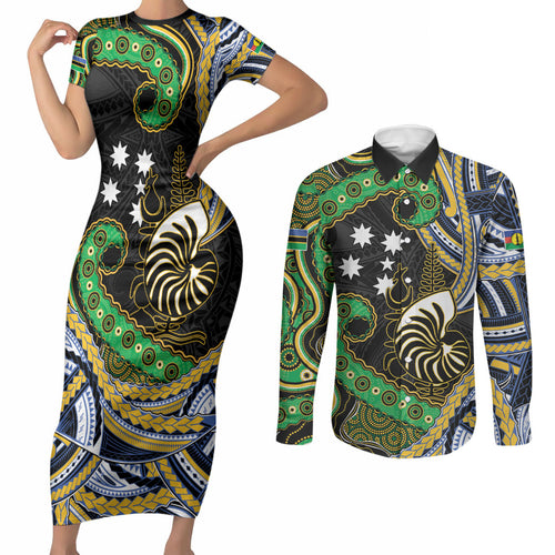 South Sea Islanders And New Caledonia Couples Matching Short Sleeve Bodycon Dress and Long Sleeve Button Shirt Nautilus Shell Southern Cross Tribal Pattern