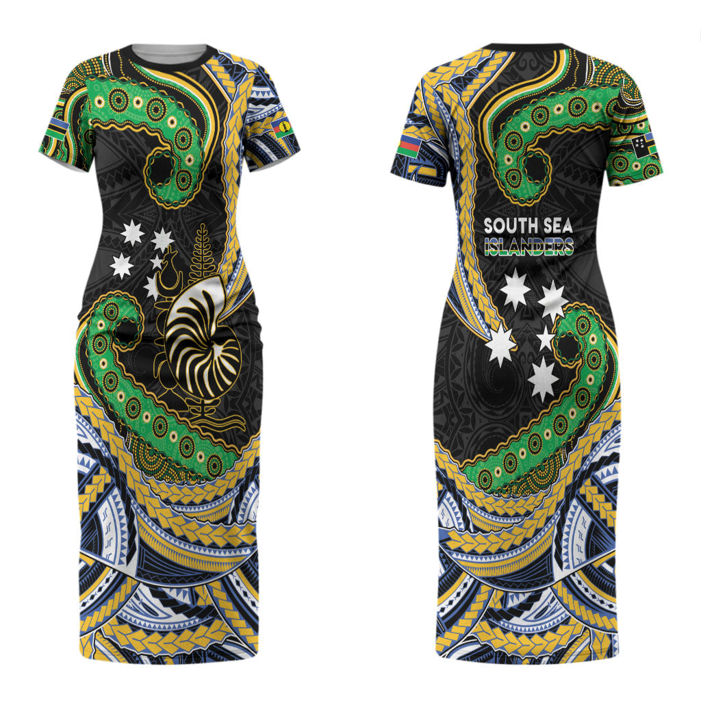 South Sea Islanders And New Caledonia Couples Matching Short Sleeve Bodycon Dress and Long Sleeve Button Shirt Nautilus Shell Southern Cross Tribal Pattern