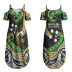 South Sea Islanders And New Caledonia Couples Matching Summer Maxi Dress and Long Sleeve Button Shirt Nautilus Shell Southern Cross Tribal Pattern