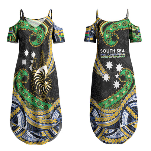 South Sea Islanders And New Caledonia Couples Matching Summer Maxi Dress and Long Sleeve Button Shirt Nautilus Shell Southern Cross Tribal Pattern