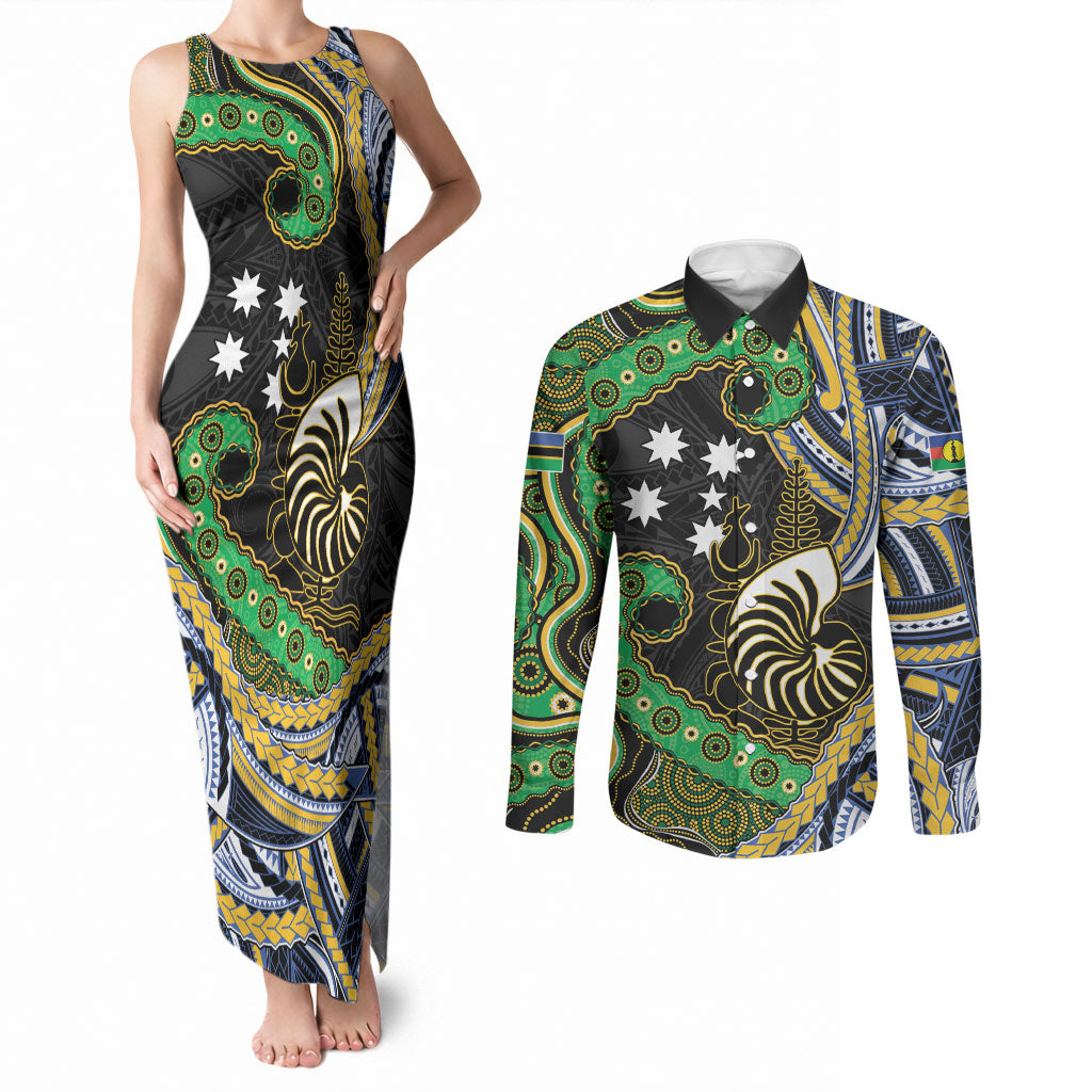 South Sea Islanders And New Caledonia Couples Matching Tank Maxi Dress and Long Sleeve Button Shirt Nautilus Shell Southern Cross Tribal Pattern
