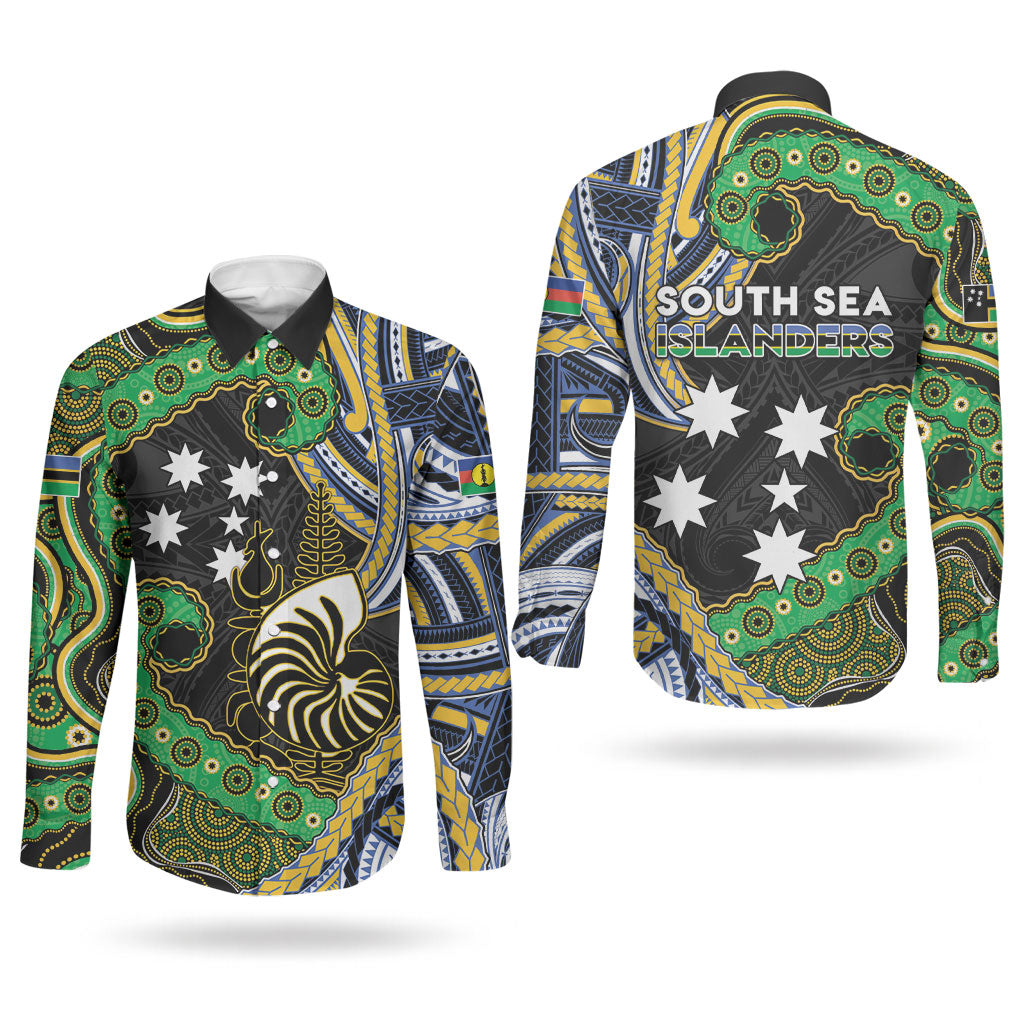 South Sea Islanders And New Caledonia Couples Matching Tank Maxi Dress and Long Sleeve Button Shirt Nautilus Shell Southern Cross Tribal Pattern