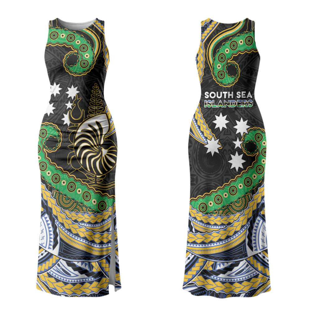 South Sea Islanders And New Caledonia Couples Matching Tank Maxi Dress and Long Sleeve Button Shirt Nautilus Shell Southern Cross Tribal Pattern