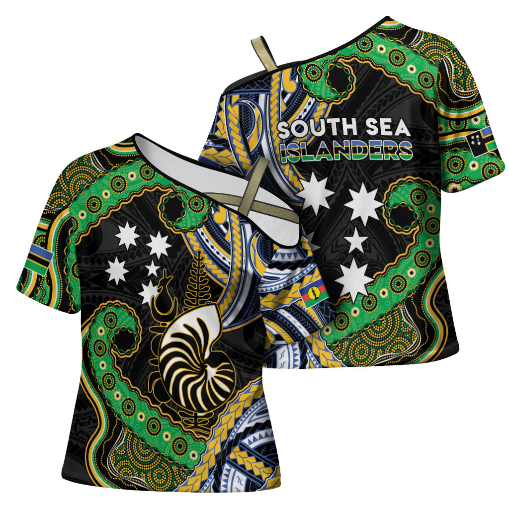 South Sea Islanders And New Caledonia Cross Shoulder Shirt Nautilus Shell Southern Cross Tribal Pattern
