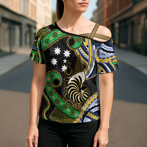 South Sea Islanders And New Caledonia Cross Shoulder Shirt Nautilus Shell Southern Cross Tribal Pattern
