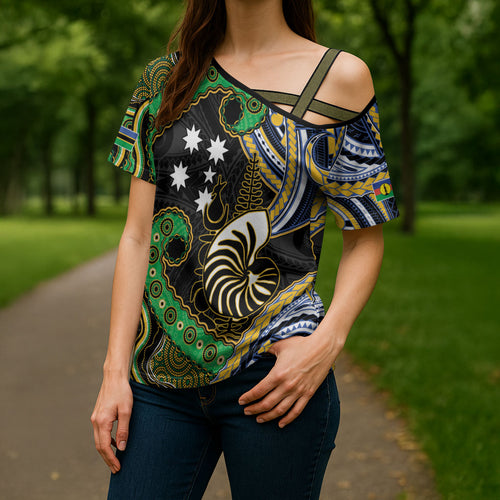 South Sea Islanders And New Caledonia Cross Shoulder Shirt Nautilus Shell Southern Cross Tribal Pattern
