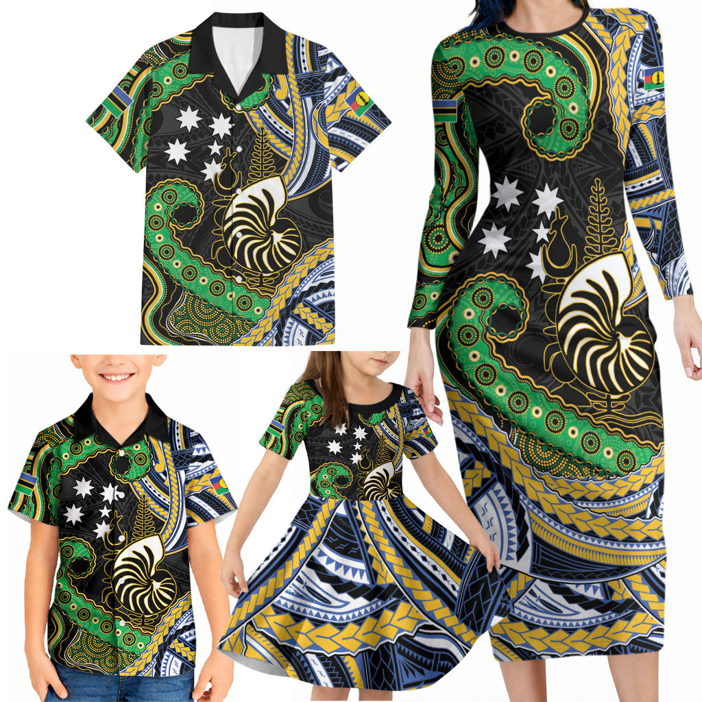 South Sea Islanders And New Caledonia Family Matching Long Sleeve Bodycon Dress and Hawaiian Shirt Nautilus Shell Southern Cross Tribal Pattern