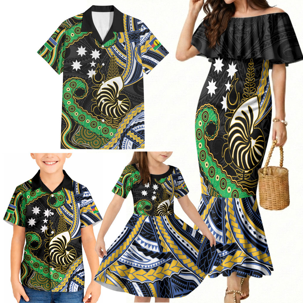 South Sea Islanders And New Caledonia Family Matching Mermaid Dress and Hawaiian Shirt Nautilus Shell Southern Cross Tribal Pattern