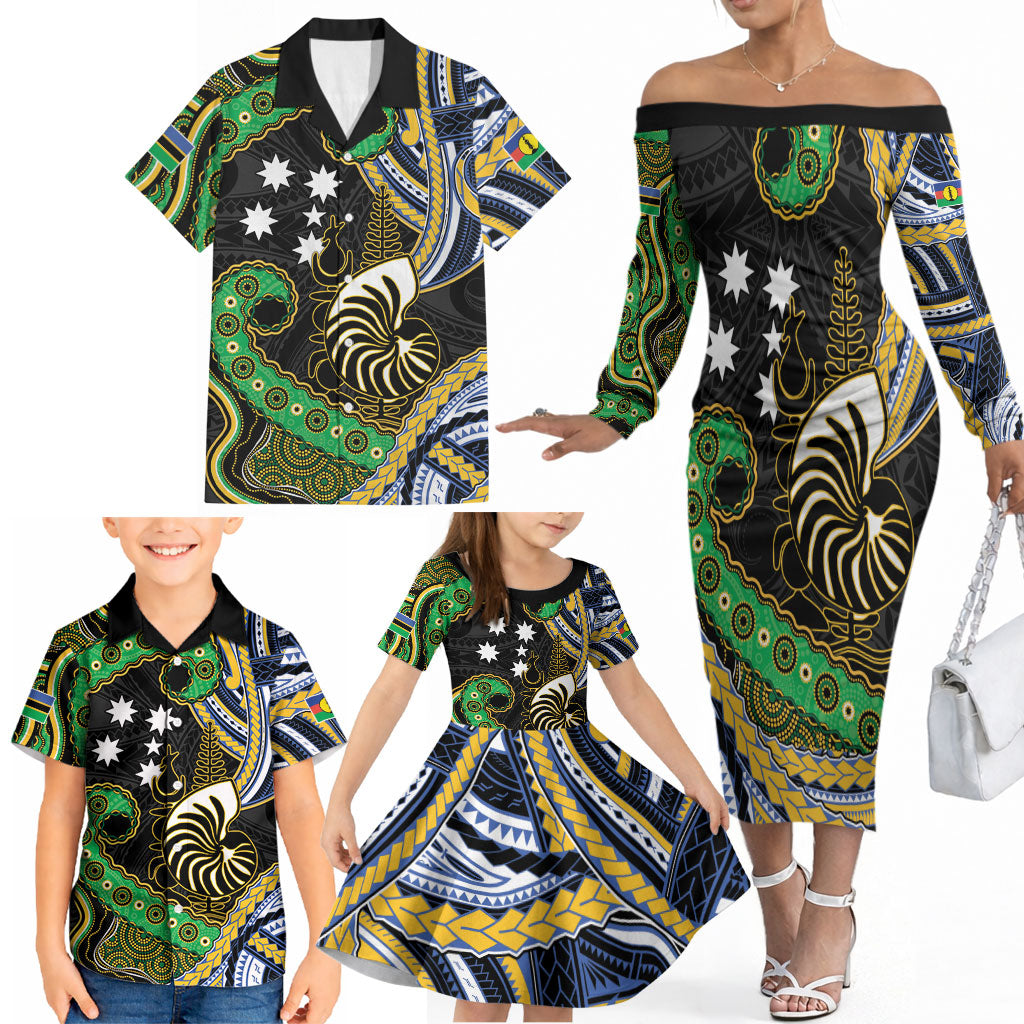 South Sea Islanders And New Caledonia Family Matching Off The Shoulder Long Sleeve Dress and Hawaiian Shirt Nautilus Shell Southern Cross Tribal Pattern