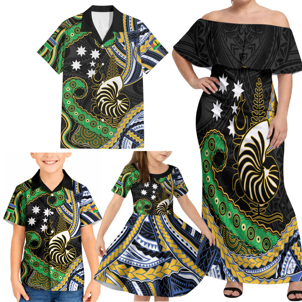 South Sea Islanders And New Caledonia Family Matching Off Shoulder Maxi Dress and Hawaiian Shirt Nautilus Shell Southern Cross Tribal Pattern