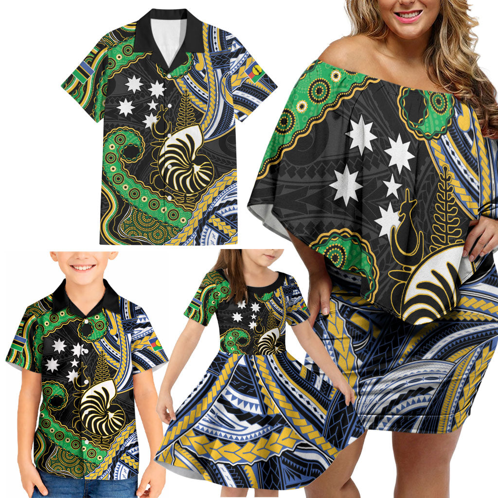 South Sea Islanders And New Caledonia Family Matching Off Shoulder Short Dress and Hawaiian Shirt Nautilus Shell Southern Cross Tribal Pattern