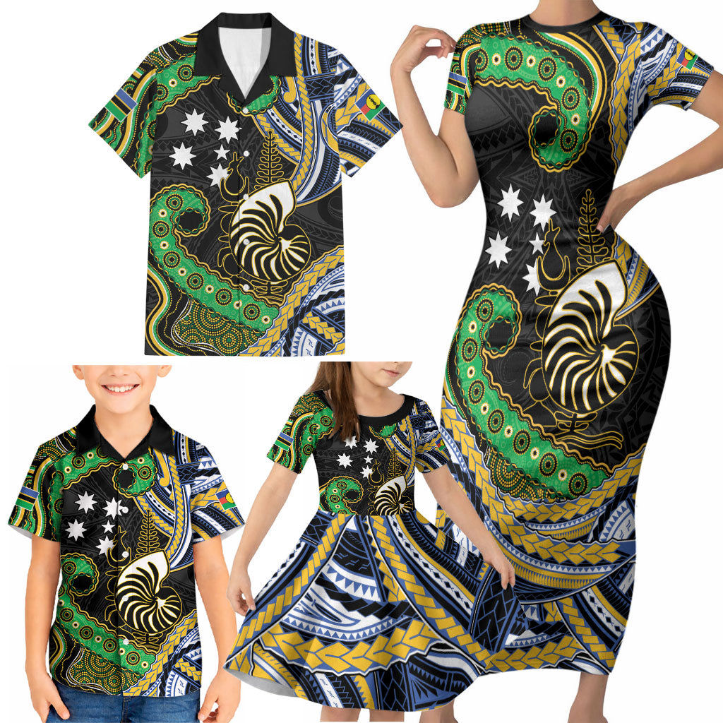 South Sea Islanders And New Caledonia Family Matching Short Sleeve Bodycon Dress and Hawaiian Shirt Nautilus Shell Southern Cross Tribal Pattern