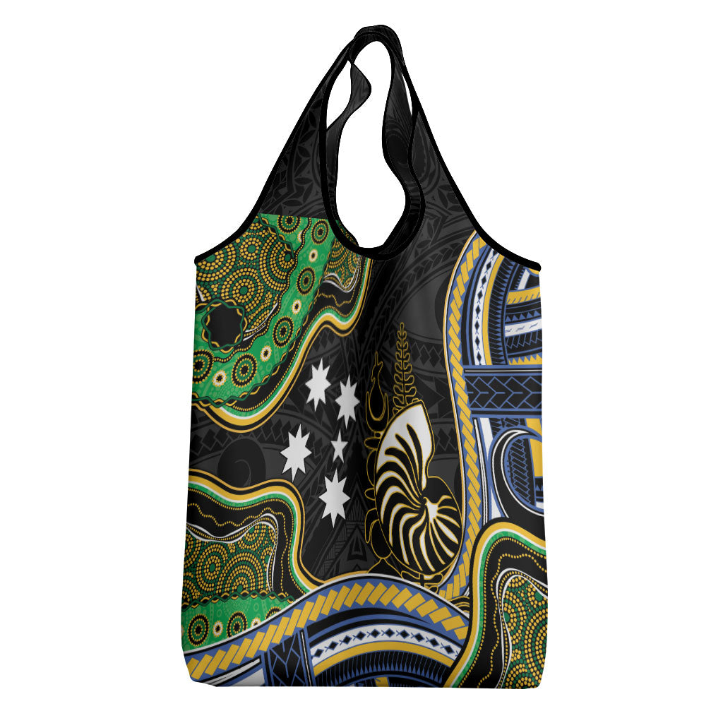 South Sea Islanders And New Caledonia Grocery Bag Nautilus Shell Southern Cross Tribal Pattern