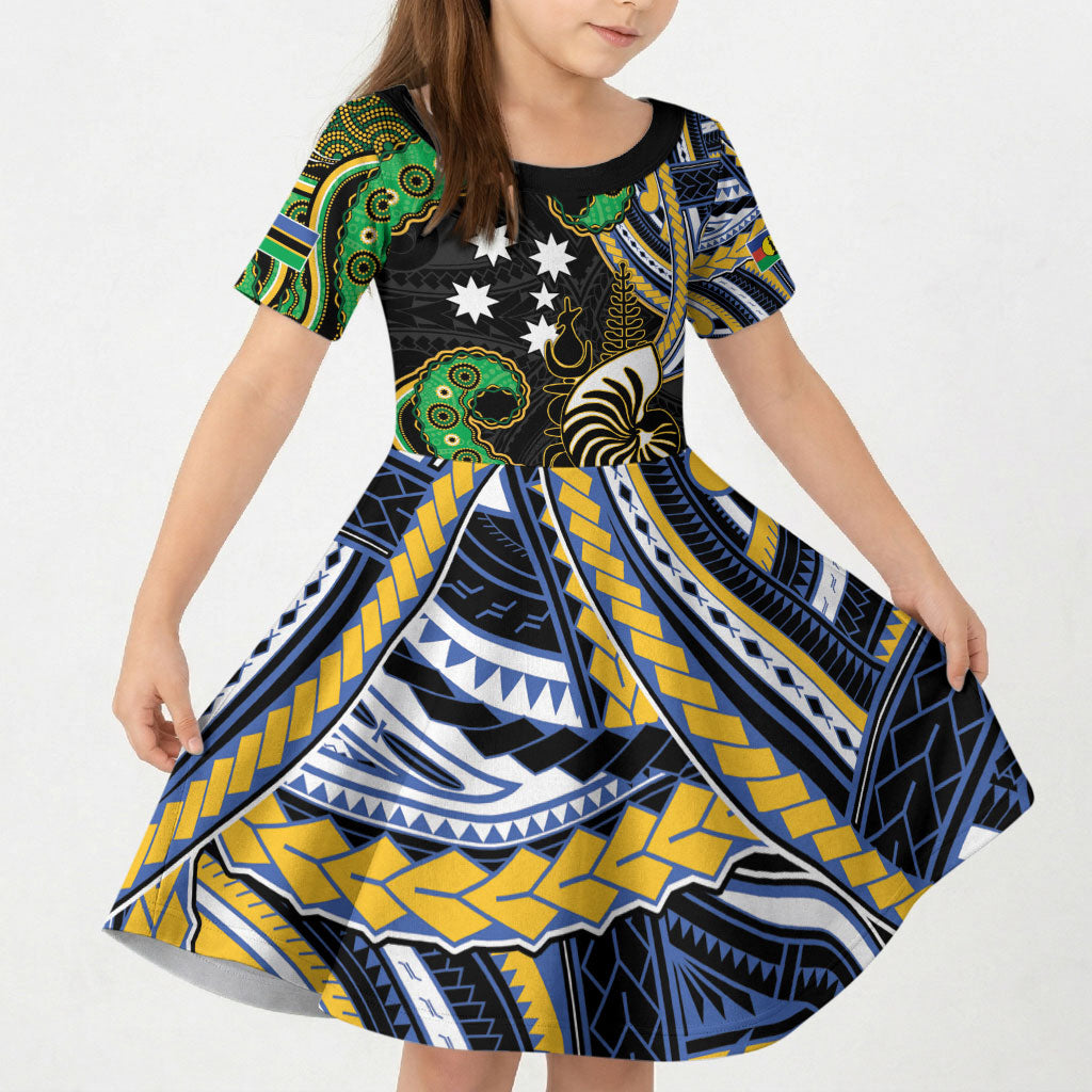 South Sea Islanders And New Caledonia Kid Short Sleeve Dress Nautilus Shell Southern Cross Tribal Pattern