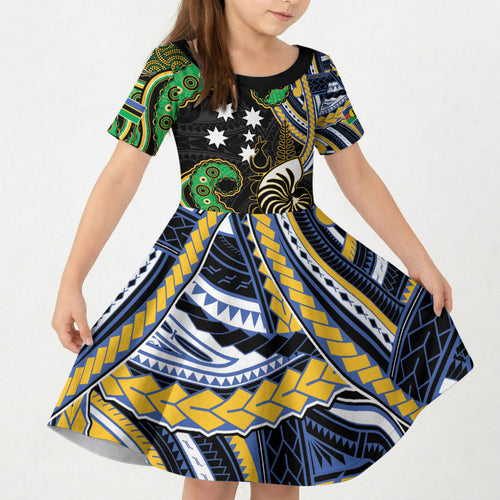 South Sea Islanders And New Caledonia Kid Short Sleeve Dress Nautilus Shell Southern Cross Tribal Pattern