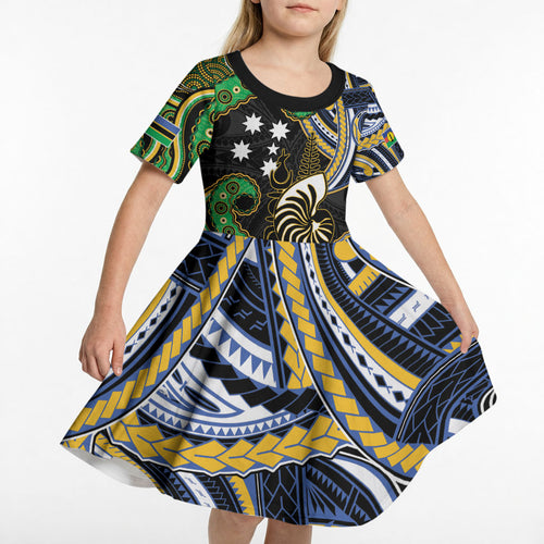 South Sea Islanders And New Caledonia Kid Short Sleeve Dress Nautilus Shell Southern Cross Tribal Pattern