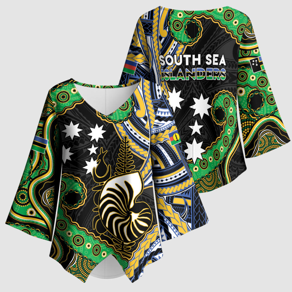South Sea Islanders And New Caledonia Kimono Sleeve Blouse Nautilus Shell Southern Cross Tribal Pattern