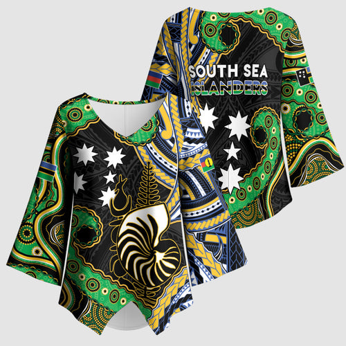 South Sea Islanders And New Caledonia Kimono Sleeve Blouse Nautilus Shell Southern Cross Tribal Pattern