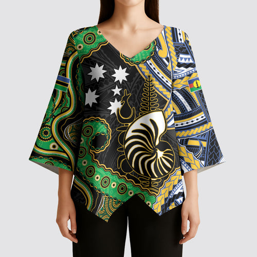 South Sea Islanders And New Caledonia Kimono Sleeve Blouse Nautilus Shell Southern Cross Tribal Pattern