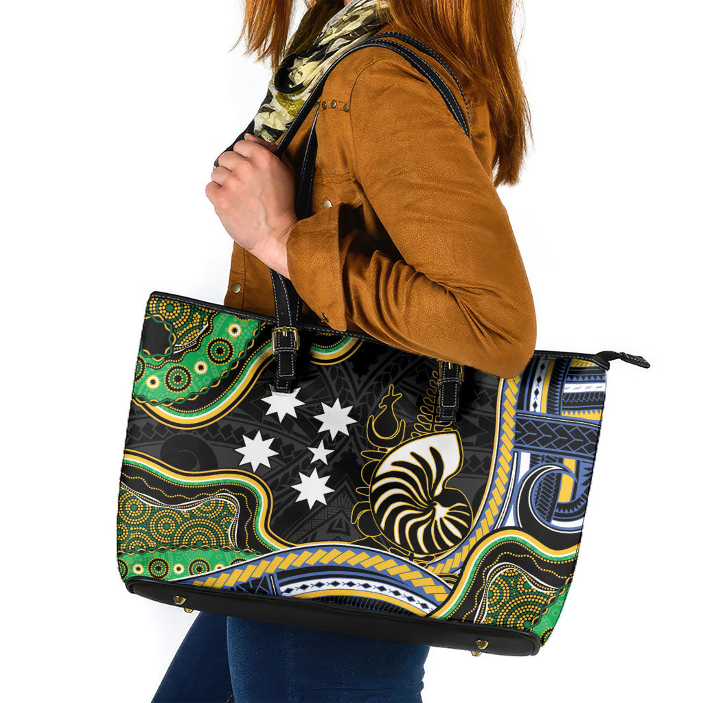 South Sea Islanders And New Caledonia Leather Tote Bag Nautilus Shell Southern Cross Tribal Pattern
