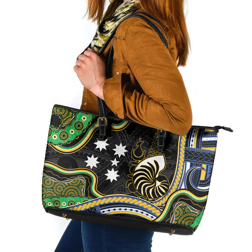 South Sea Islanders And New Caledonia Leather Tote Bag Nautilus Shell Southern Cross Tribal Pattern