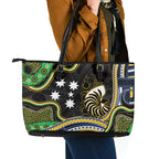 South Sea Islanders And New Caledonia Leather Tote Bag Nautilus Shell Southern Cross Tribal Pattern